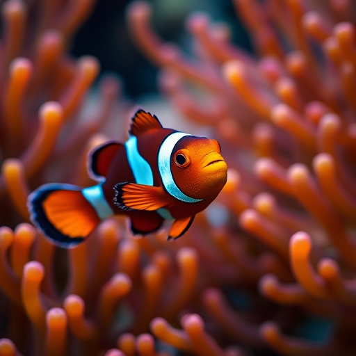 A vivid clownfish swimming among vibrant anemone tentacles, captured with a Canon EOS 5D Mark IV, 50mm lens, f/2.8 aperture, ISO 200, in macro view with soft bokeh background to enhance underwater colors and details.