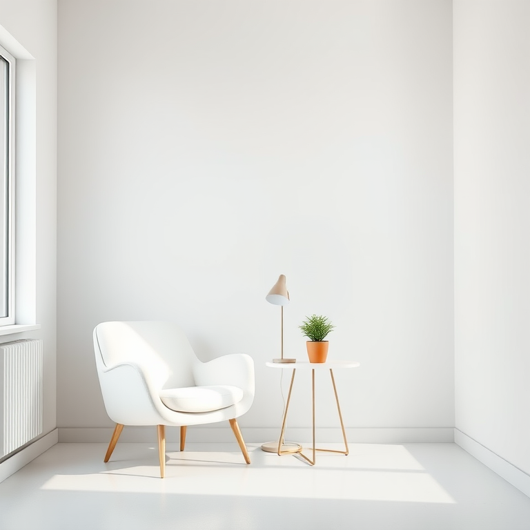 interior of a minimalist room with a single white chair and a small table, a modern lamp on the table, a small potted plant, soft natural light streaming in from a large window, camera type: DSLR, camera settings: f/2.8, ISO 100, shutter speed 1/60s, camera view: wide angle, camera style: high dynamic range for enhanced image quality