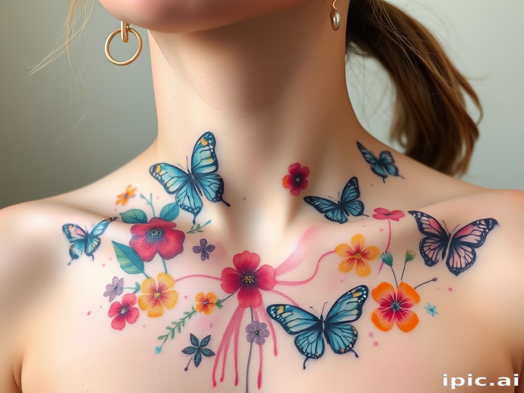 Whimsical watercolor body tattoo of abstract flowers and butterflies scattered across the collarbone and shoulders, blending soft pastels with vibrant splashes of color