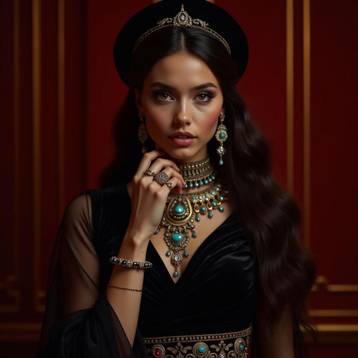A high-quality, realistic photo, opulent portrait, captured with a Hasselblad X2D 100C, XCD 80mm f/1.9 lens. A beautiful young woman with long, dark, flowing hair and striking light eyes, adorned with elaborate and intricate jewelry. She wears a black, form-fitting top or dress with sheer, embroidered sleeves, and a richly detailed gold and black patterned skirt or belt. Her headpiece is a black, pillbox-style hat with a gold band and a central turquoise gem. She is bedecked in a multi-layered gold and silver necklace with large turquoise and clear gemstones, matching earrings, several ornate bracelets, and rings on both hands. Her expression is serene and captivating, with a direct, intense gaze. She holds one hand delicately near her face, showcasing a ring, while the other rests on her hip. The background is a luxurious deep red wall with elegant gold trim, creating a regal and timeless atmosphere.