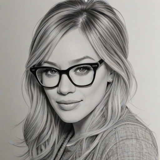 Superb Hilary Duff, pencil sketch, portrait of Dazzling woman 1964s in glasses, hair style beatnik, outline, clear lines, fine lines, 8k