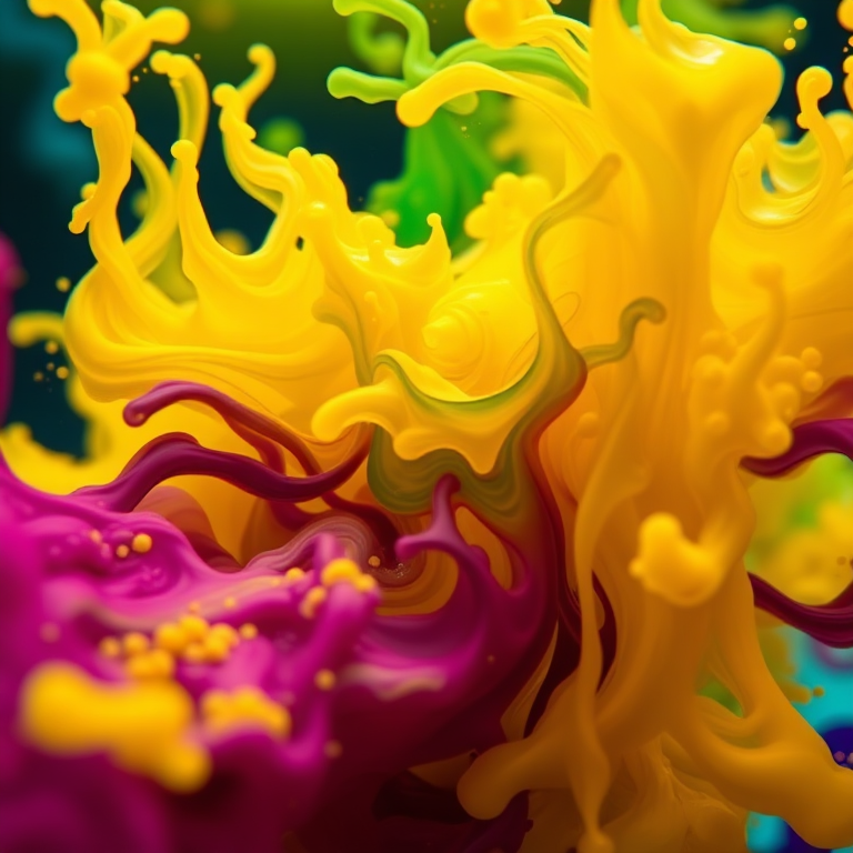 Create an abstract image of colorful ink swirling underwater with vibrant yellow, green, and purple colors, captured with a Canon EOS R5 at f/8, 1/125s, ISO 100, using a macro lens for close-up detail from a low angle perspective.