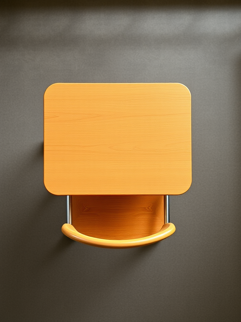 Create an image of a simple classroom desk and chair, top-down view, 50mm lens, f/2.8 aperture, ISO 100, natural lighting, DSLR camera, high resolution.