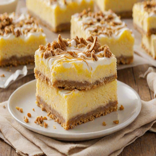 Generate an image of a delicious dessert bar with a creamy yellow and white swirled topping. The dessert has a crumbly base and is cut into squares, showcasing its layers. The background should be a simple plate to highlight the dessert's vibrant colors and textures.
