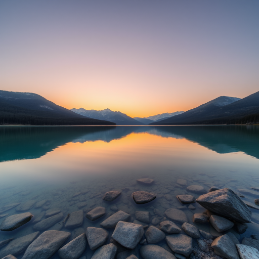 Create a high-resolution image of a serene landscape at sunrise with a clear lake reflecting the mountains in the background, camera settings at ISO 100, aperture f/11, shutter speed 1/250s, using a wide-angle lens, captured from a low angle perspective with a DSLR camera for enhanced image quality.
