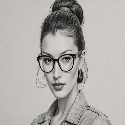 Appealing Bella Hadid, pencil sketch, portrait of Lovely woman 1950s in glasses, hair style beatnik, outline, clear lines, fine lines, 8k
