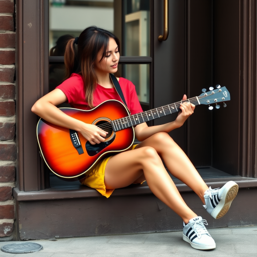 Ultra-realistic and very detailed image, high resolution and definition of a young woman, a rocker. She's sitting on the step of a doorway, with one leg stretched out, playing an acoustic guitar. The young woman is wearing a red T-shirt and yellow shorts. Adidas trainers. The door is glazed and mirrors the street.