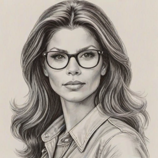 Splendid Charisma Carpenter, pencil sketch, portrait of Charming woman 1970s in glasses, hair style beatnik, outline, clear lines, fine lines, 8k