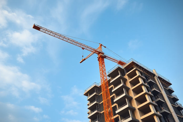 Generate a high-quality image of a construction crane on a building site, using a DSLR camera with a 50mm lens, aperture set at f/2.8, ISO 100, and a shallow depth of field; angle from a low perspective to emphasize the height of the crane against the sky.