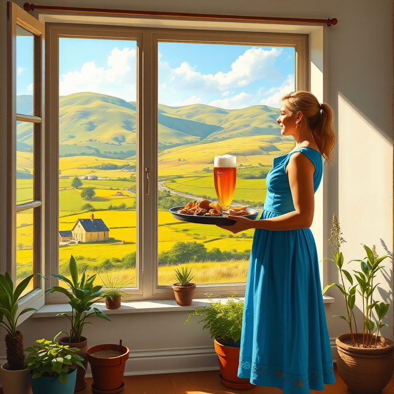 In "A Glass of Beer on the Highland," a serene scene is depicted in a sunlit room where a woman in a vibrant blue dress stands by a large window. She holds a tray with a hearty meal and a frothy glass of beer, embodying a moment of relaxation. Outside, the breathtaking highland landscape features rolling green hills and a charming traditional house, all bathed in warm afternoon light. The interior is adorned with potted plants, creating a harmonious blend of comfort and nature. The painting beautifully captures the tranquility and joy found in simple pleasures amidst stunning scenery
