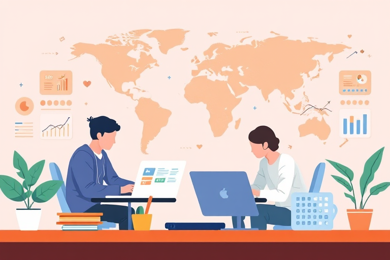 Create an illustration of two teams working on digital marketing with a global theme, featuring data analysis, SEO, and website design elements, shot with a Canon EOS R5 at f/8, ISO 100, 24mm lens, using a wide-angle view for depth and clarity.