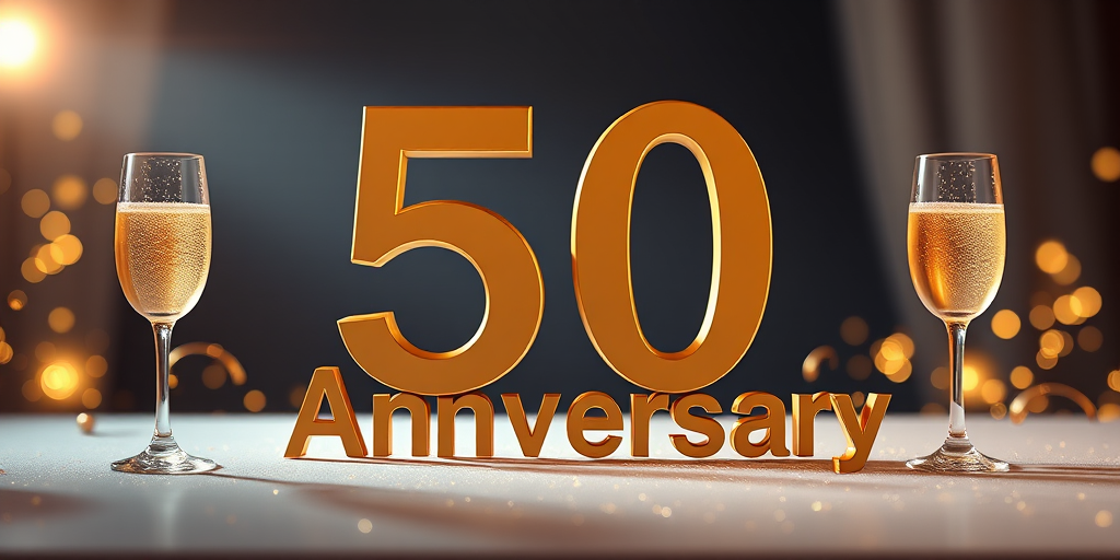 Create a 3D render of "50 Anniversary" in gold with champagne glasses, using a Canon EOS R5 camera, 35mm lens, f/1.8 aperture, ISO 100, 1/60s shutter speed, with a dramatic spotlight effect and a softly blurred background to enhance image quality.