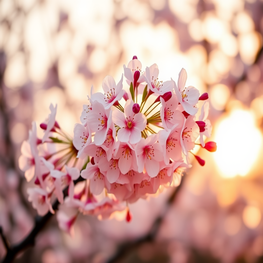 high-resolution image of cherry blossoms in full bloom against a soft, blurred background, taken with a Canon EOS R5, 50mm f/1.2 lens, ISO 100, aperture f/2.8, shot at sunrise for warm light and enhanced depth of field