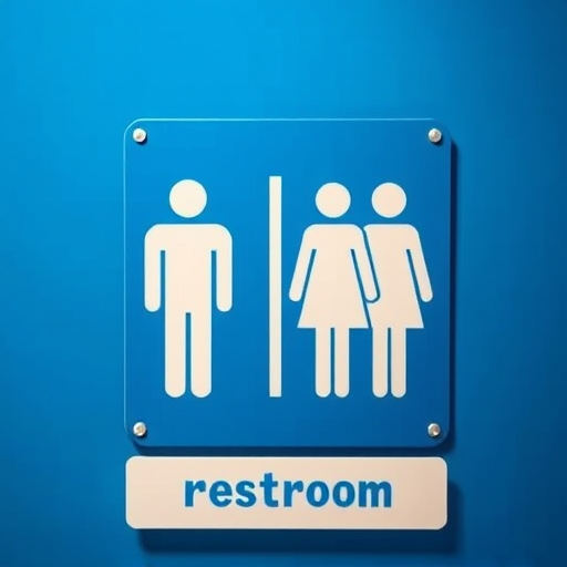Create a high-resolution image of a restroom sign featuring simplified male and female figures on a vibrant blue background, using a Canon EOS R5 camera with a 50mm lens, f/8 aperture, ISO 100, and a 1/200s shutter speed, shot from a front view with soft lighting to enhance clarity and detail.