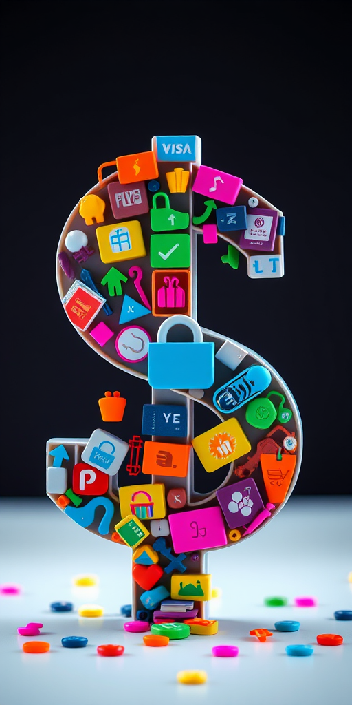 Create an image of a dollar sign formed by colorful shopping and payment icons, captured using a DSLR camera with a 50mm lens, aperture set to f/1.8, ISO 100, and a shallow depth of field for a vibrant and stylized look.