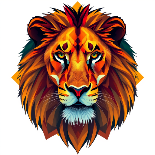 Create a detailed vector illustration of a lion in a stylized geometric design, using vibrant colors and intricate patterns, captured with a DSLR camera at f/2.8, ISO 100, 50mm lens, overhead view, high contrast lighting.