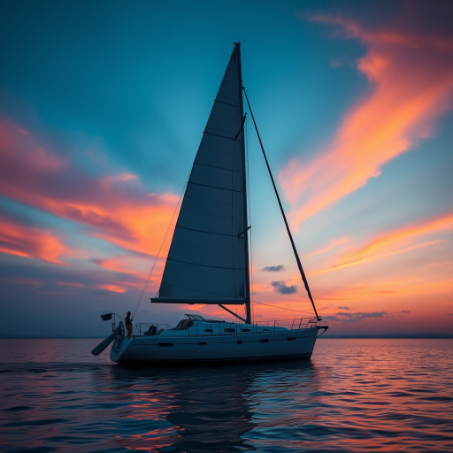 sailboat on calm water at sunset with vibrant orange and blue colors, captured with a DSLR camera, 50mm lens, f/2.8 aperture, ISO 100, and soft focus effect