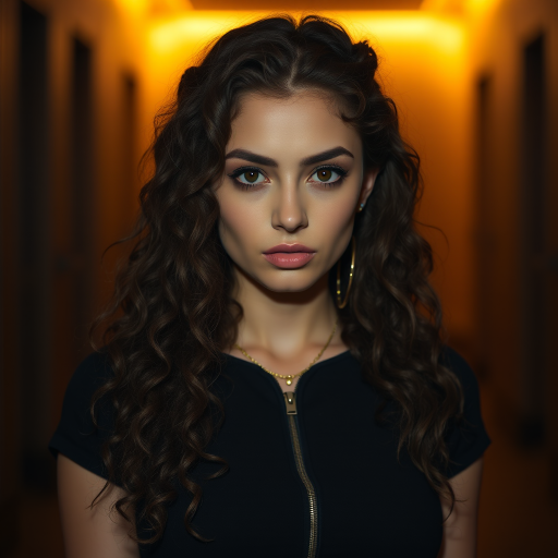 A young woman with long, curly brown hair is looking directly at the viewer. She is wearing a black top with a zipper down the front. The setting is a dimly lit interior space, with a warm, golden light emanating from the background. Her expression is neutral, with a hint of seriousness. The image is a close-up portrait with a shallow depth of field, focusing on the woman's face and torso. The background is blurred, creating a soft and intimate atmosphere.  She is wearing large gold hoop earrings, and a small gold chain is visible around her neck.  Her makeup is natural and simple, highlighting her brown eyes. The lighting creates subtle shadows that accentuate her features.  Her skin is smooth and glows in the soft light. The composition is balanced, with the woman's face positioned in the center of the frame.  The image is focused on capturing her beauty and confidence.