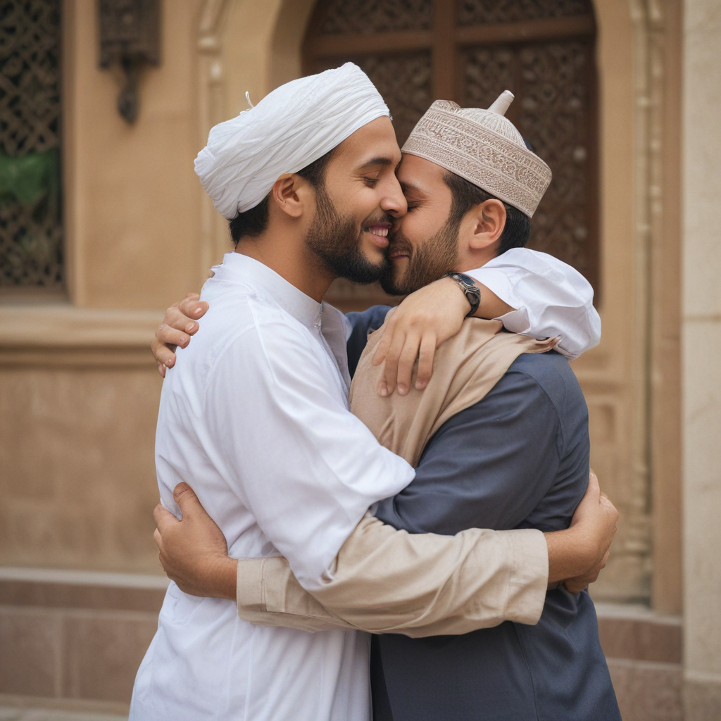 Two men hugging each other wishing eid Mubarak
