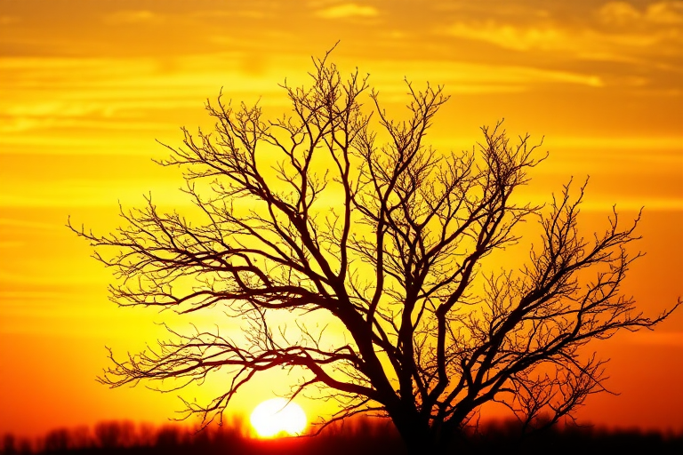 capture a barren tree silhouette against a textured golden sky at sunset, using a DSLR camera with a 50mm lens, aperture f/2.8, ISO 100, high dynamic range, and a soft focus effect to enhance the dreamy quality of the image