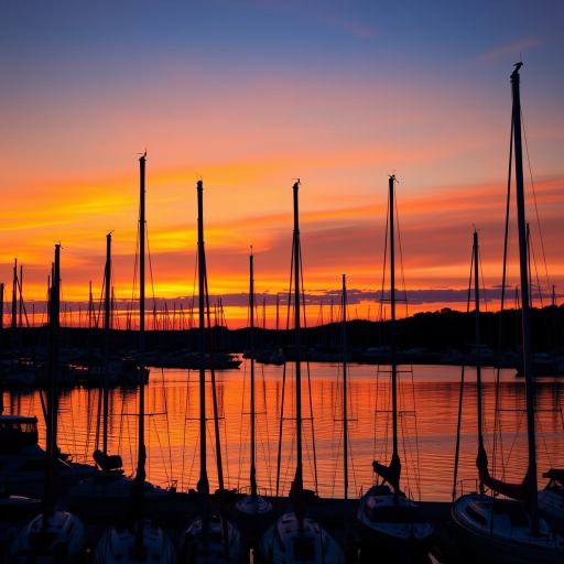 capture a tranquil sunset over a marina filled with sailboats silhouetted against a vibrant orange sky using a DSLR camera with a 50mm lens at f/8, ISO 200, 1/200s, shot from a low angle to emphasize the masts.