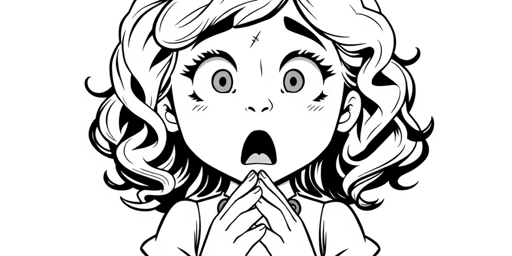 The image is a black and white illustration of a young girl with curly hair. She has a surprised expression on her face with her mouth open and her hands clasped together in front of her chest. Her eyes are wide and her eyebrows are furrowed. Her hair is styled in loose curls that are cascading down her back. The overall mood of the image is one of shock or surprise.