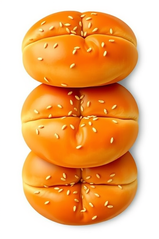 Generate a vibrant, high-resolution illustration of three stacked hot dog buns with sesame seeds, captured in a top-down view using a DSLR camera at f/2.8 aperture, ISO 100, and a 50mm lens to enhance detail and color.