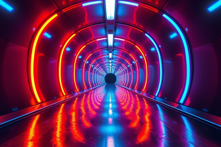 Create a vibrant, symmetrical tunnel scene filled with glowing blue and orange neon lights reflecting off metallic surfaces, using a wide-angle lens, f/8 aperture, ISO 100, 20-second exposure, and a digital SLR camera for enhanced image quality.