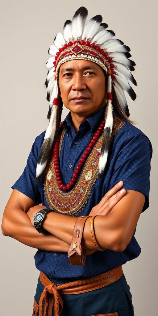 Create a dignified portrait of a Native American man dressed in traditional attire. He wears a beautifully crafted headdress adorned with white feathers and red beads, along with a beaded headband featuring intricate patterns. His clothing includes a deep blue, patterned shirt and a traditional chest piece with detailed beadwork. His arms are crossed, displaying leather armbands decorated with feathers. The background is simple and neutral, emphasizing his proud and stoic expression. The overall image captures the rich cultural heritage and strength of his persona.