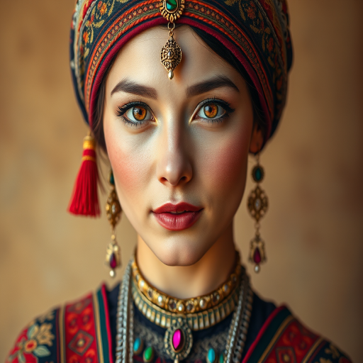 Create a portrait of a beautiful Kyrgyz woman with striking red eyes and a gentle expression. She is adorned in traditional attire with intricate patterns, including a richly embroidered headscarf and matching garments. Her jewelry includes a delicate headpiece, dangling earrings, and ornate bracelets, all featuring vibrant gemstones and detailed metalwork. The background is soft and warm, enhancing the rich colors of her outfit and jewelry.