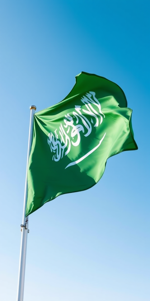 Generate a high-resolution image of the Saudi Arabian flag waving gently in the wind, using a DSLR camera with a 50mm lens, aperture f/2.8, shutter speed 1/200s, and ISO 100, capturing the flag from a low angle to emphasize its movement against a clear blue sky.