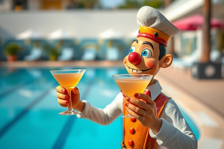 A whimsical statue of a waiter holding a cocktail with a pool in the background, vibrant colors, shot with a Canon EOS R5, 50mm lens, f/1.8 aperture, ISO 100, natural lighting, shallow depth of field.