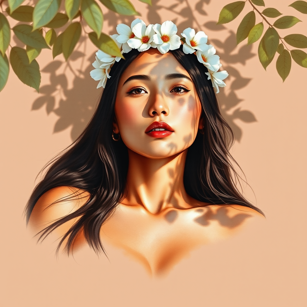 create a watercolor painting of an ethereal portrait of beautiful First Nations woman with a simple white flower crown on her head. Her hair is long and she is lying on the ground. The sunlight on the trees casts shadows from the leaves on her face and body. The background is a neutral brown color that matches her skin tone. The image is minimalist and solid colors. This style is characterized by soft, delicate brushstrokes and a light, airy, contrasting color palette. High level of detail and play of light