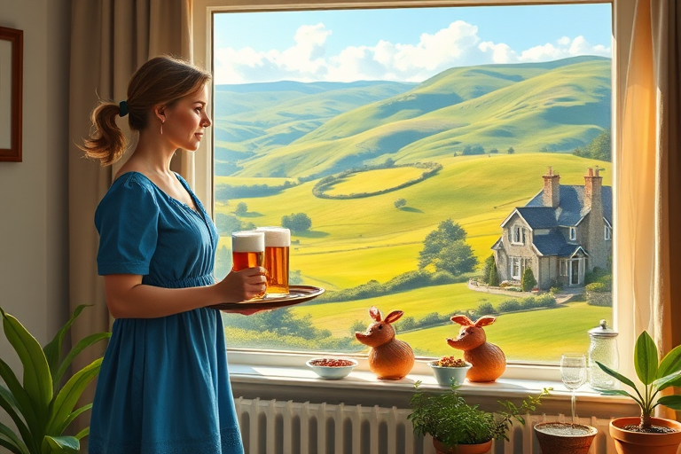 In "A Glass of Beer on the Highland," a serene scene is depicted in a sunlit room where a woman in a vibrant blue dress stands by a large window. She holds a tray with a hearty meal and a frothy glass of beer, embodying a moment of relaxation. Outside, the breathtaking highland landscape features rolling green hills and a charming traditional house, all bathed in warm afternoon light. The interior is adorned with potted plants, creating a harmonious blend of comfort and nature. The painting beautifully captures the tranquility and joy found in simple pleasures amidst stunning scenery