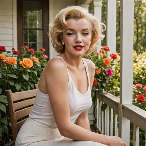 A photo of Marilyn Monroe with a background of a cozy porch. She has dark hair pulled back in an updo, with tendrils framing her face. She wears a white tank top and sits on the porch. The porch is part of a well-lit home with a warm, earthy tone and colorful flowers and foliage. The overall scene has a warm, welcoming, and comfortable ambiance.