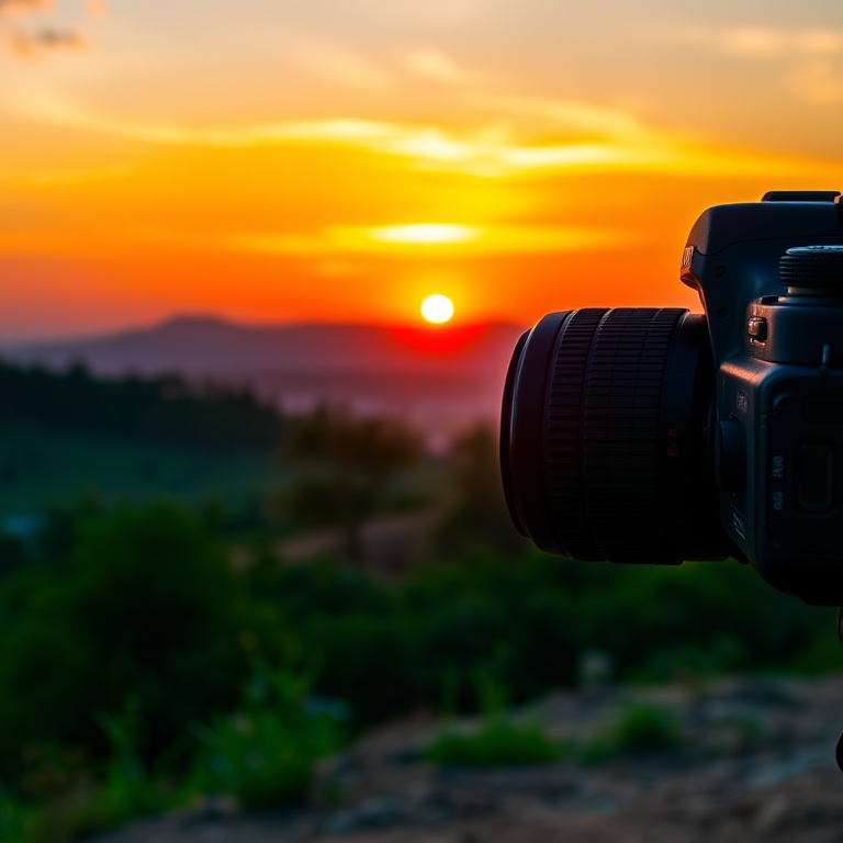 Create a high-resolution image of a serene landscape at sunset with vibrant colors, using a DSLR camera with a 50mm lens, aperture set at f/1.8, ISO 100, and a focal length of 50mm, capturing a panoramic view.