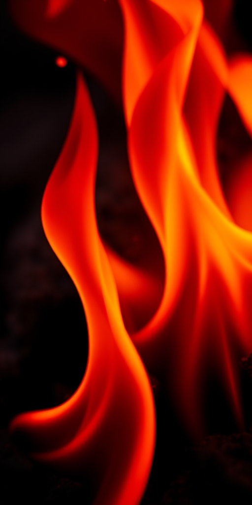 Create a vibrant illustration of flames with varying shades of orange and red, captured with a Canon EOS R5 at f/2.8, ISO 100, 1/500s, in a close-up shot using macro photography to enhance detail and clarity.