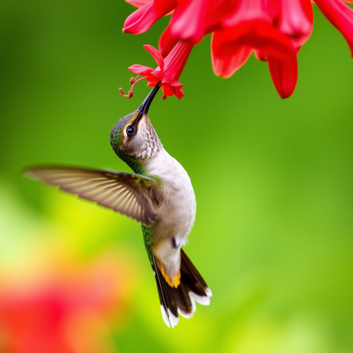 hummingbird in mid-flight feeding at a red flower, captured with a Canon EOS 5D Mark IV, 1/2000s shutter speed, f/4 aperture, ISO 400, focused on the bird, vibrant green background, macro photography style