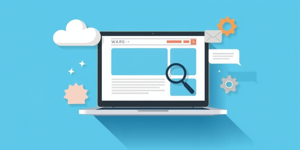 Create a high-quality digital illustration of a laptop displaying a website interface with abstract icons like a cloud, magnifying glass, gears, and a chat bubble, use a clean blue background, camera settings f/8, ISO 100, 1/250s, camera view top-down, camera style flat lay, camera type digital SLR.