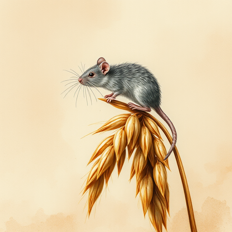 Soft, muted Alcohol Ink with ebru effect background image of tiny whimsical rat, who climbed high on the top of a golden rye ear.
