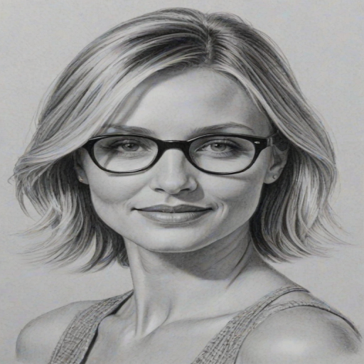Appealing Cameron Diaz, pencil sketch, portrait of Wonderful woman 1932s in glasses, hair style beatnik, outline, clear lines, fine lines, 8k