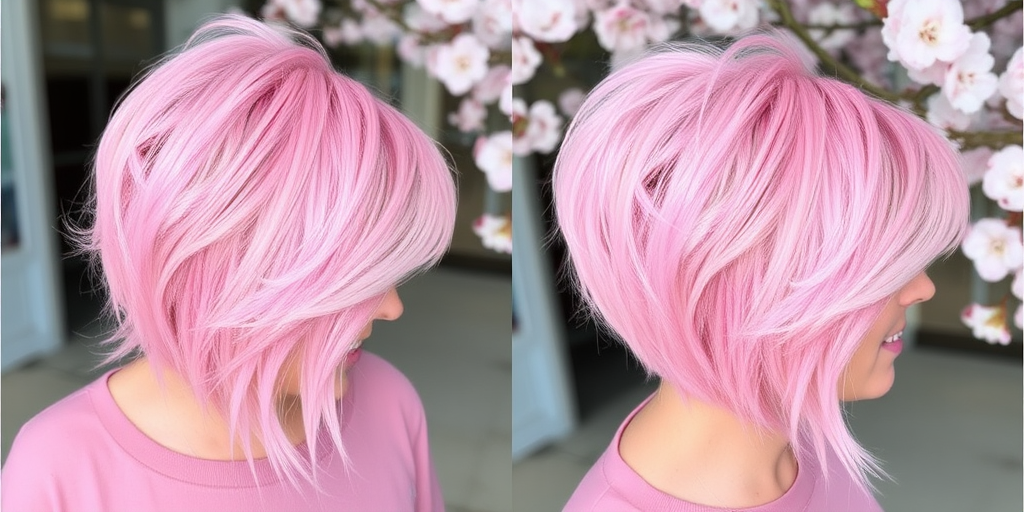 Pastel pink long pixie cut with choppy layers and feathered edges, creating a soft and ethereal look reminiscent of cherry blossoms in bloom, called Sakura Whisper