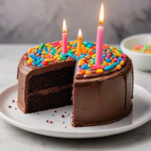 Create an image of a round chocolate cake with smooth chocolate frosting. The cake should have a decorative pattern on the top and be covered in colorful sprinkles. Add a single candle in the center and place the cake on a simple white plate, set against a light marble background.
