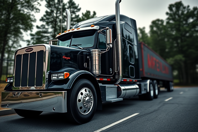 Create a highly detailed digital artwork of a black semi-truck parked, captured from a low angle, using a DSLR camera with a 50mm lens, aperture set to f/1.8, ISO 100, and a shallow depth of field to enhance the sharpness of the truck while blurring the background.