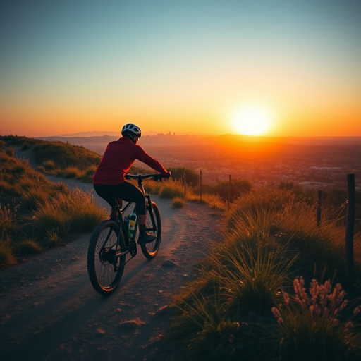 Create an image of a mountain biker riding along a dirt path at sunset, with a city skyline in the background, soft golden light illuminating the scene, use a DSLR camera with a 24mm lens, aperture set to f/8, ISO 200, focus on the cyclist in the foreground, shallow depth of field for the background, capture an expansive view.