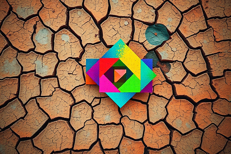 Generate an abstract image with vibrant colors and geometric shapes on a textured cracked earth background, using a DSLR camera with a 50mm lens, aperture set at f/2.8, ISO 100, and a slight vignette effect.