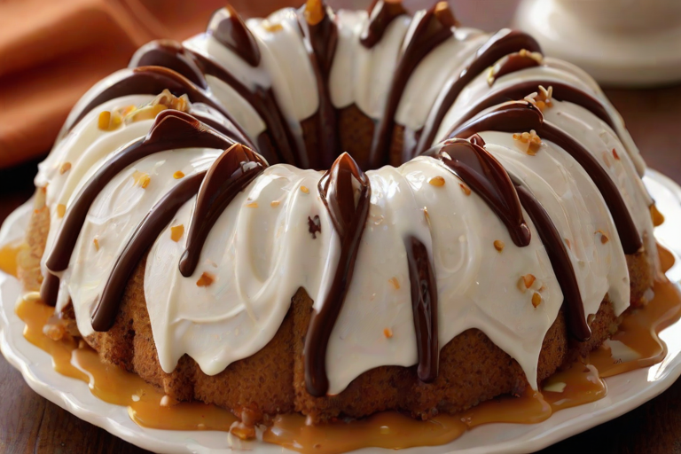 Create an image of a delicious bundt cake topped with creamy frosting and sprinkled with chocolate and caramel bits. The cake should have a moist texture and a rich color, with the frosting cascading down the sides in a thick, indulgent layer. The setting should be inviting, highlighting the cake's details and textures.