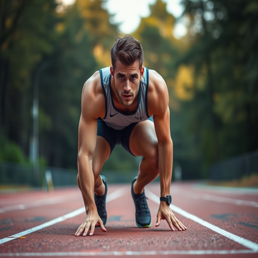 Create a dynamic image of a male athlete in a starting position for a race on a track, using a Nikon D850 camera, 50mm lens, f/1.8 aperture, ISO 100, natural lighting with a blurred forest background, emphasizing sharp focus on the athlete's face and body.