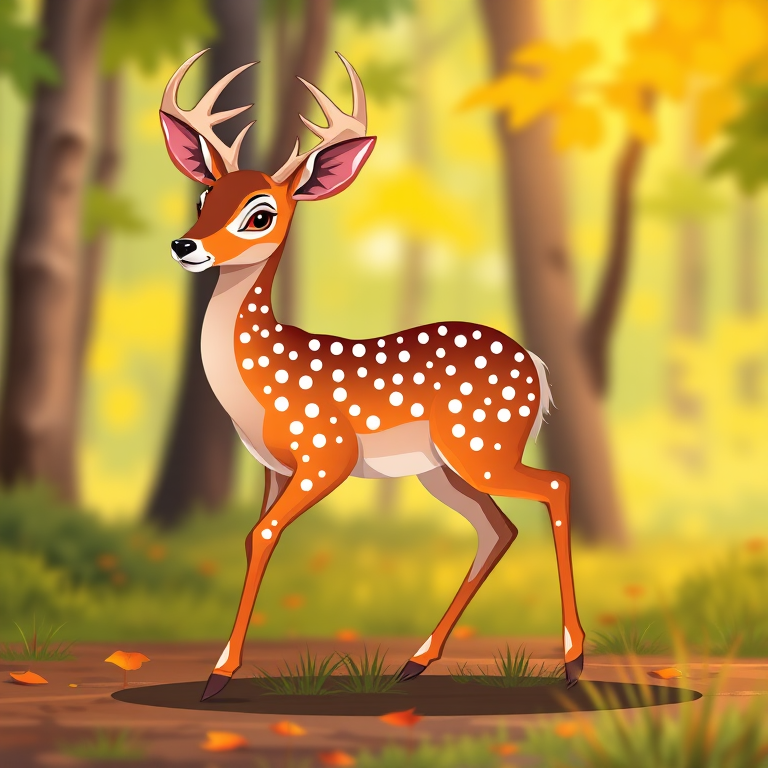 Create a vibrant, stylized illustration of a deer walking gracefully with a focus on its polka-dotted fur, using a digital art style, set against a soft, blurred forest background, captured with a virtual camera lens at f/4, ISO 100, 50mm focal length for depth and clarity.