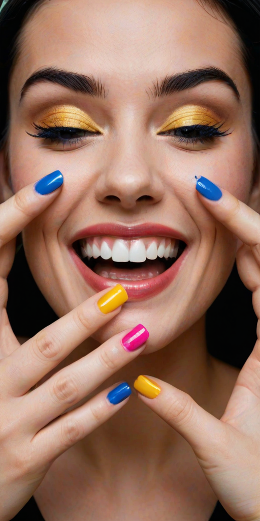 detailed edges, detailed image, perfection style, A cinematic detailed image of a laughing woman with colorful nails covering her eyes with both her hands, movie themed, sharp, detailed background, epic cinematic photography, artistic style, dramatic light style, cinematic color style, Kodak 35mm film style, detailed style, hand focus style, 1girl, solo, open mouth, simple background, white background, teeth, nail polish, lips, lipstick, blue nails, realistic, yellow nails, makeup, parody, black hair, portrait